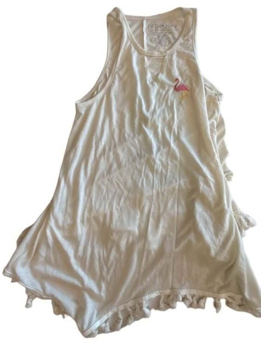 Fifth Sun Cream Embroidered Flamingo Tank Top with Fringe Tassels Sz Large